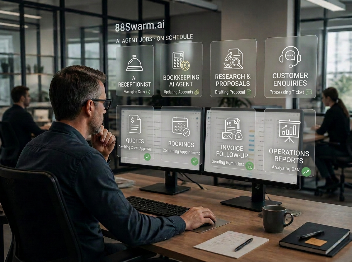 A business owner supervising eight distinct 88Swarm.ai agents for reception, bookkeeping, research and proposals, enquiries, quotes, bookings, invoice follow-up and operations reporting
